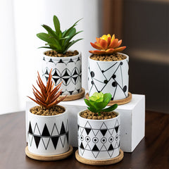 Stylish Flower Pots With Geometric Design And Wooden Tray (8 unique designs)
