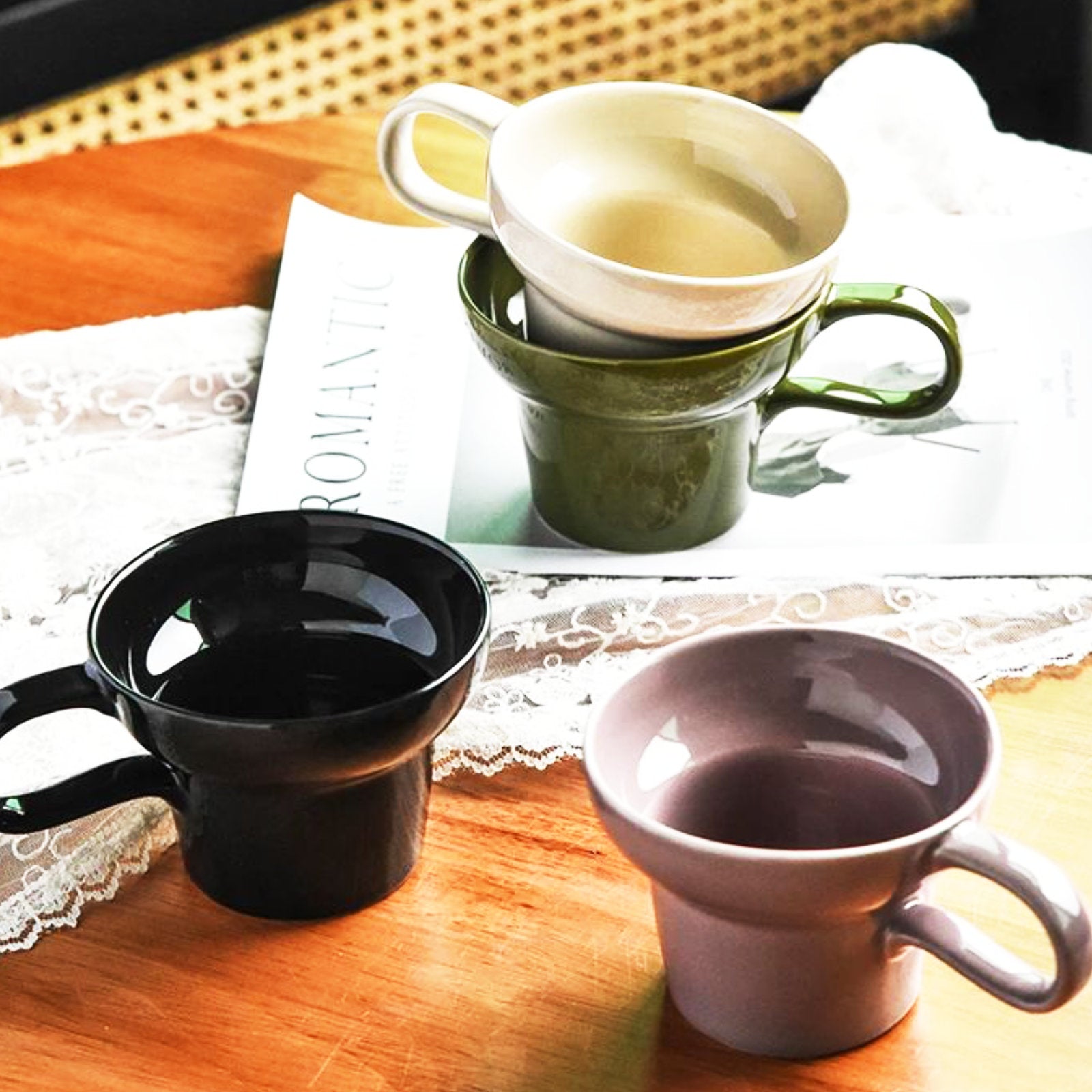 Stylish Wide-Rim Ceramic Cups Perfect for Coffee, Tea, and Snacks