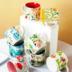 Vibrant Tropical-Themed Ceramic Mugs with Exotic Botanical Designs