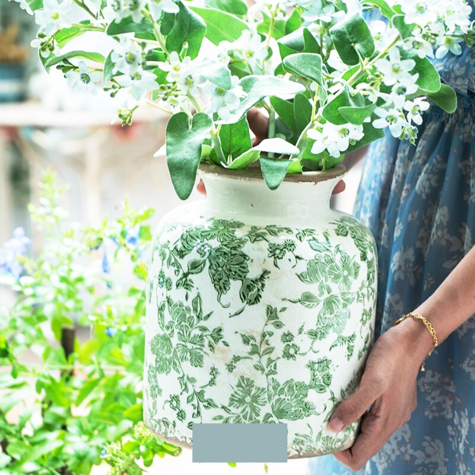 Vintage-inspired Craquelure Vase with Greenery on Off-White Ceramic