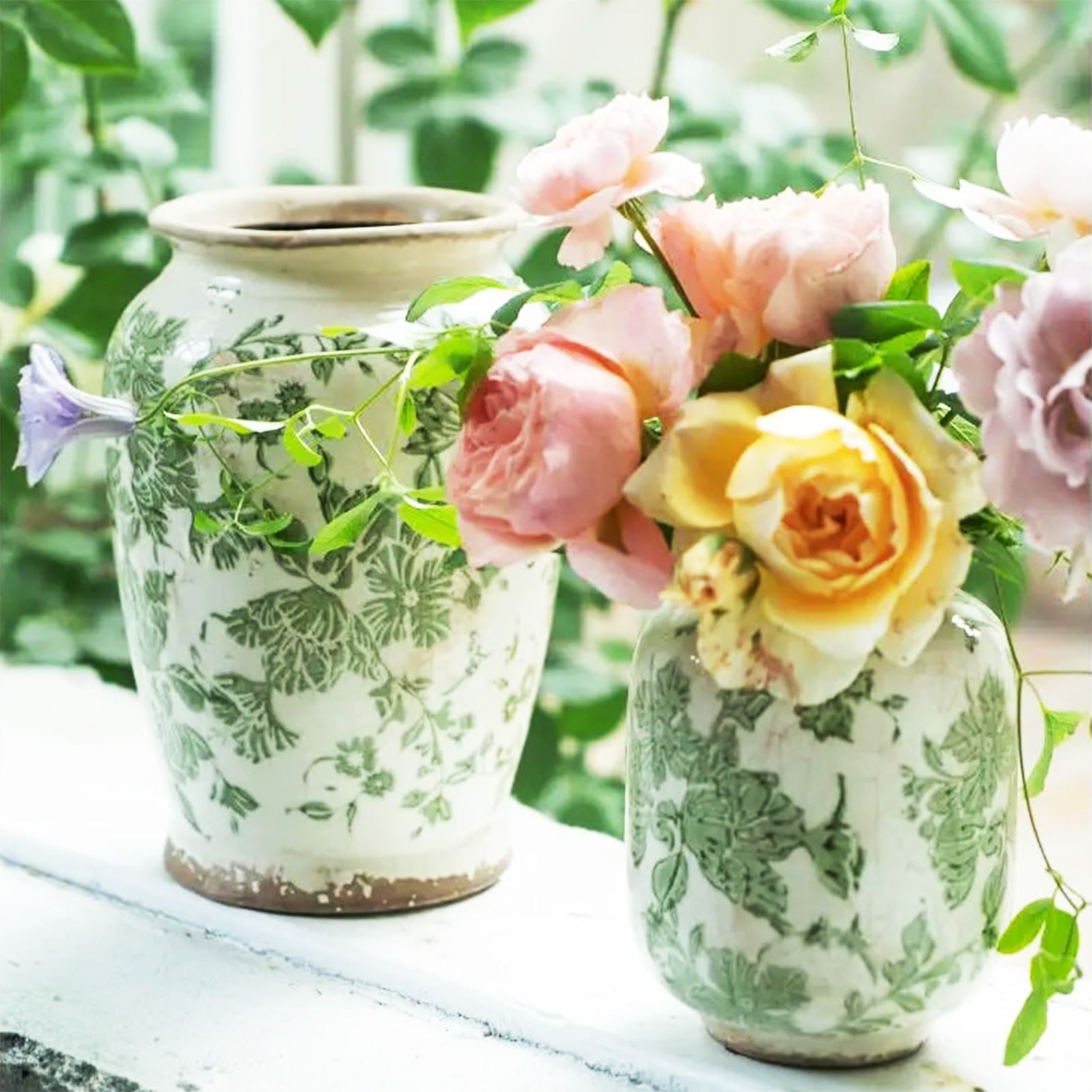 Vintage-inspired Craquelure Vase with Greenery on Off-White Ceramic