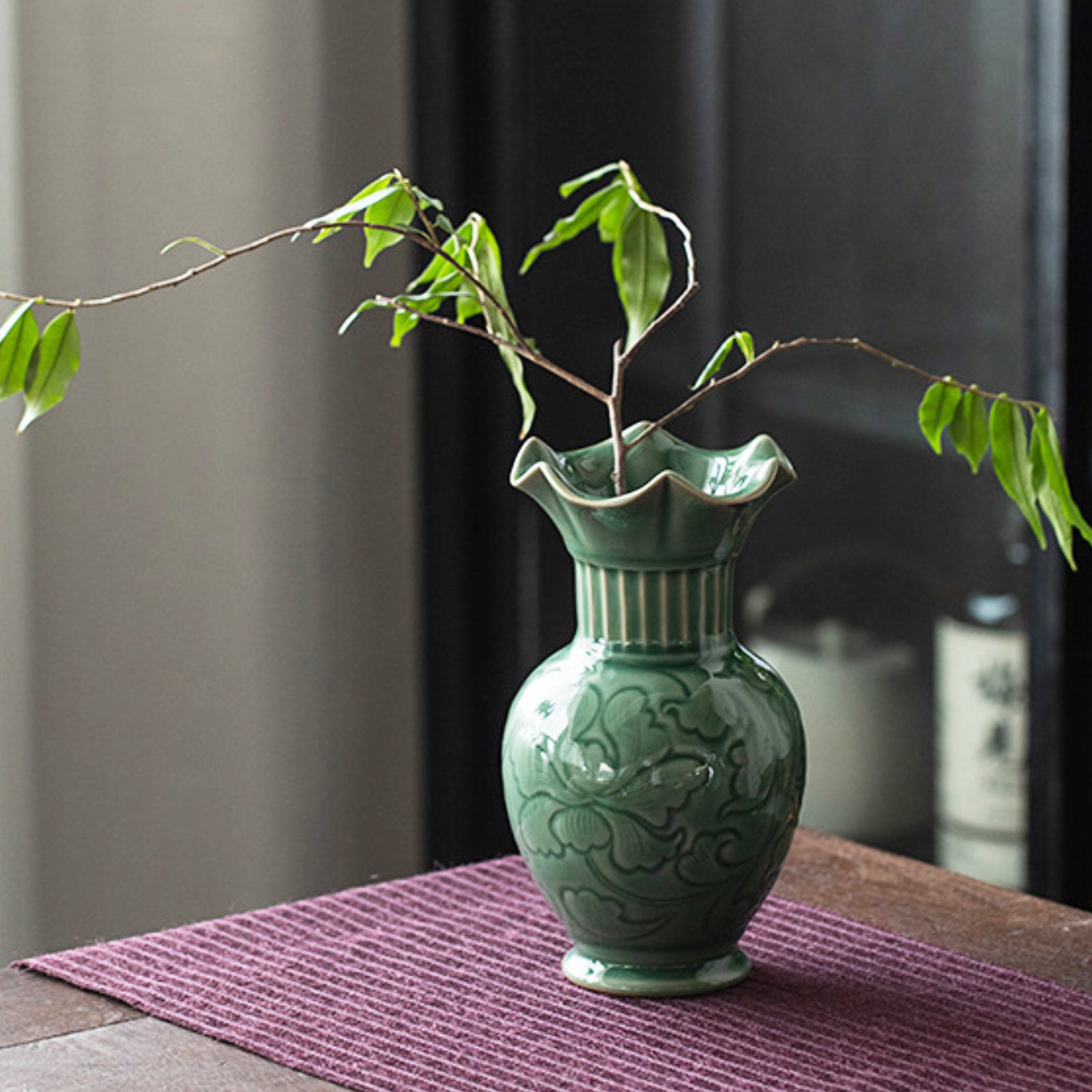 Sophisticated Green Ceramic Vase with Nature-Inspired Designs-8