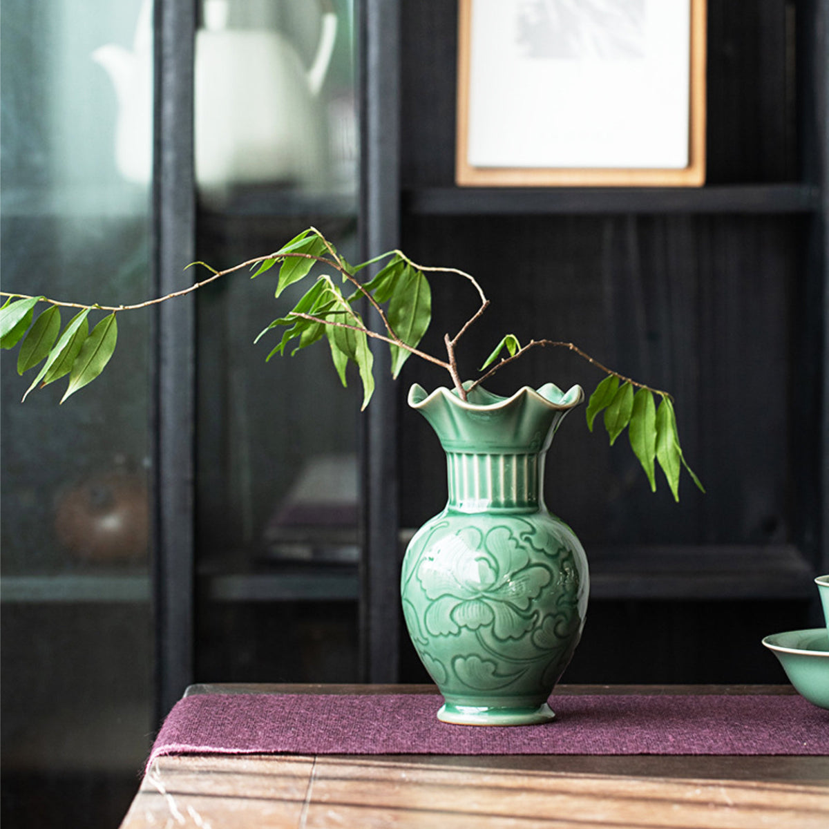 Sophisticated Green Ceramic Vase with Nature-Inspired Designs-9