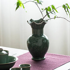 Sophisticated Green Ceramic Vase with Nature-Inspired Designs-7