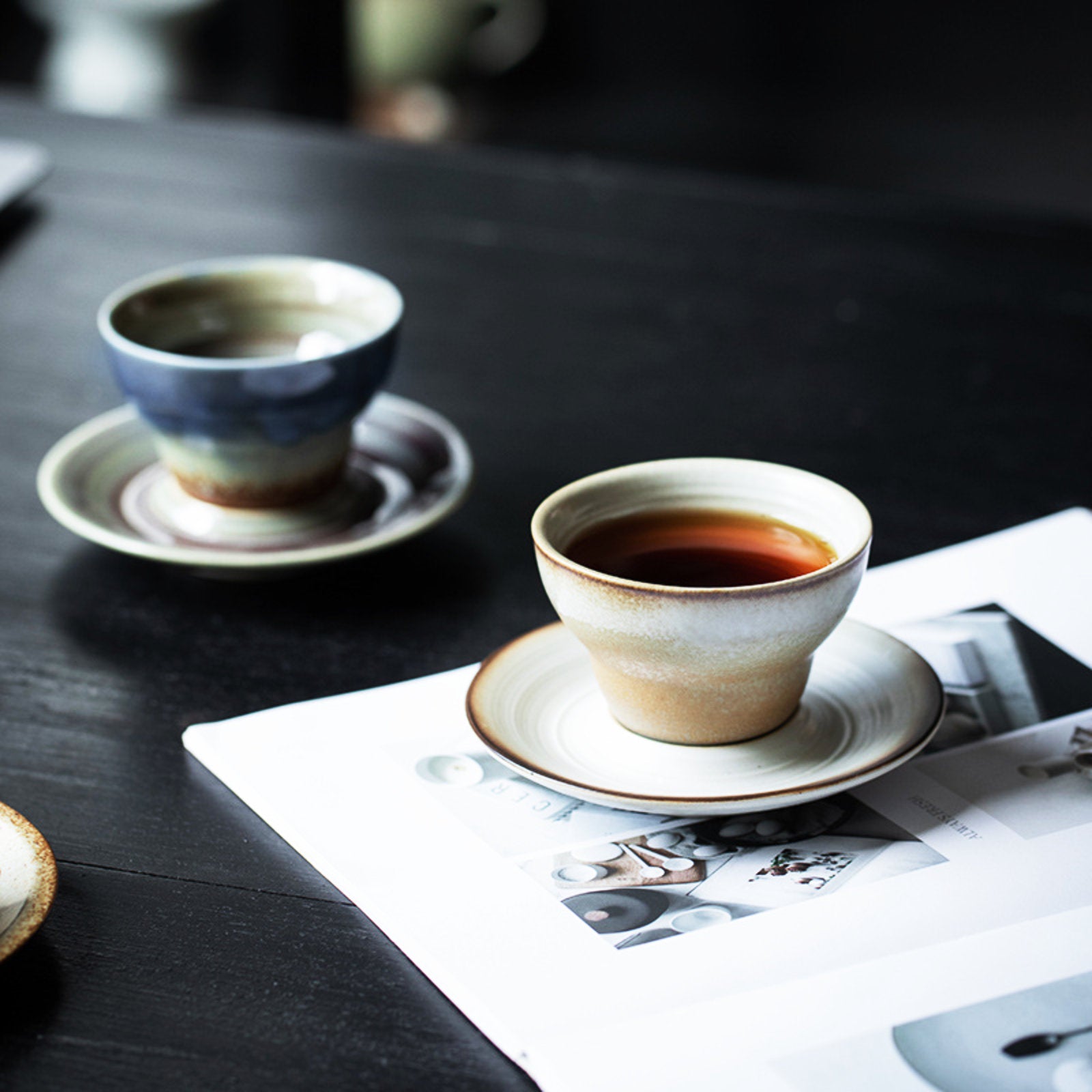 Gradient Ceramic Cups with Earthy Tones and Matching Saucers-9