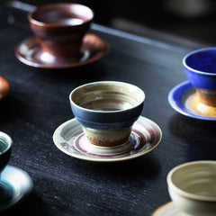 Gradient Ceramic Cups with Earthy Tones and Matching Saucers-11