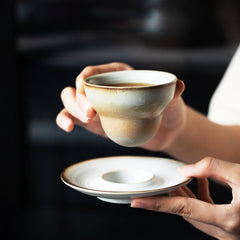 Gradient Ceramic Cups with Earthy Tones and Matching Saucers-8