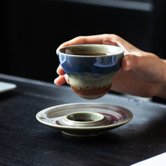 Gradient Ceramic Cups with Earthy Tones and Matching Saucers-10