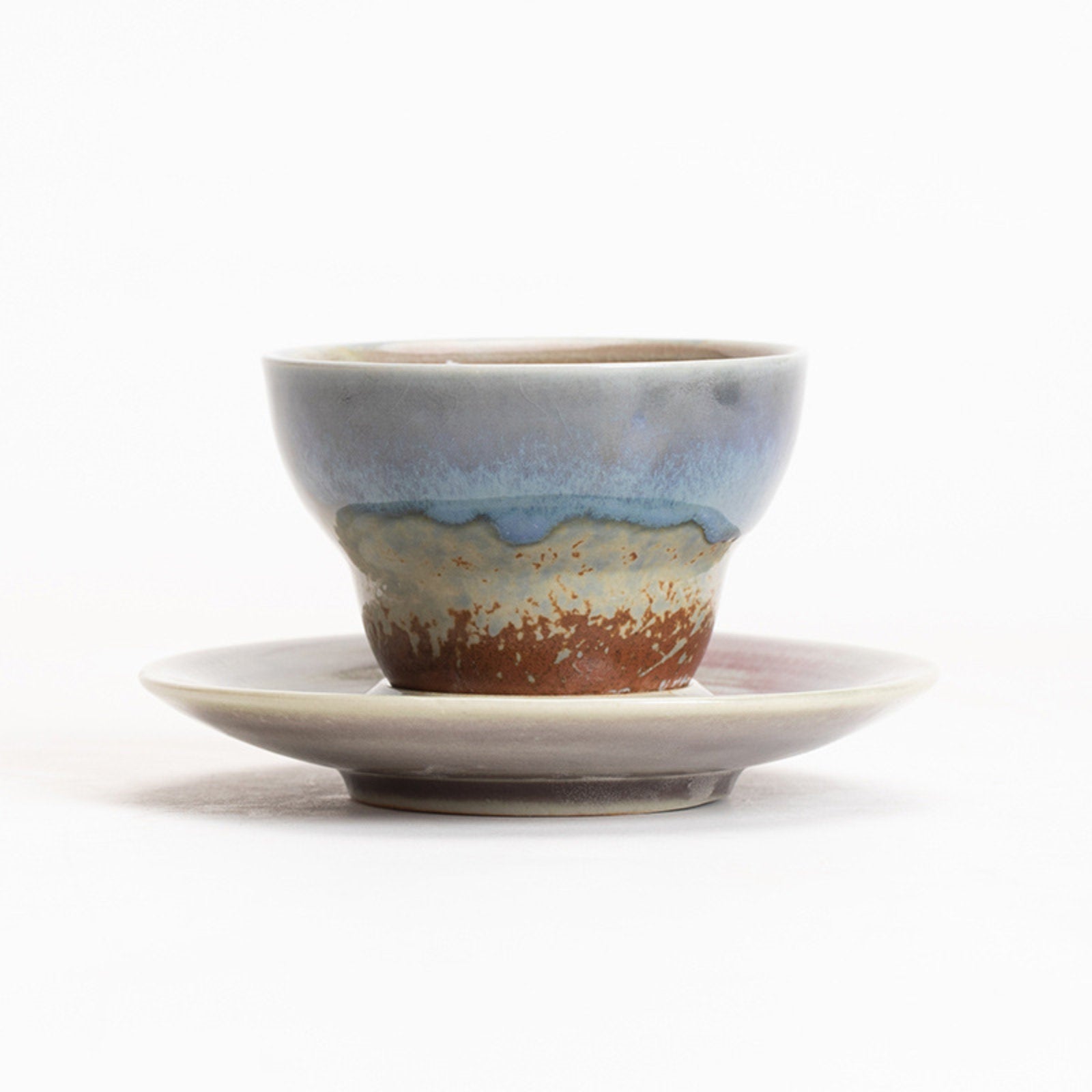 Gradient Ceramic Cups with Earthy Tones and Matching Saucers-4