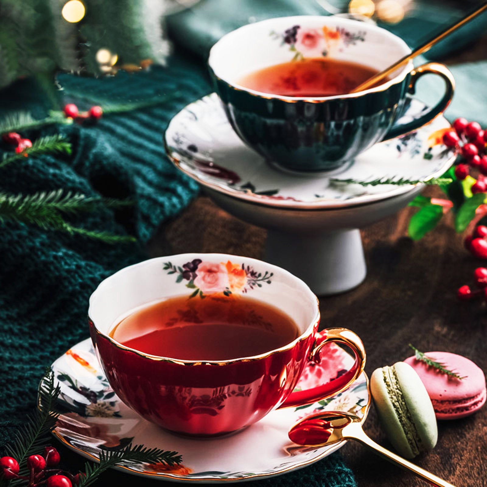 Elegant Floral Tea Cups with Matching Saucers in Vibrant Colors-7