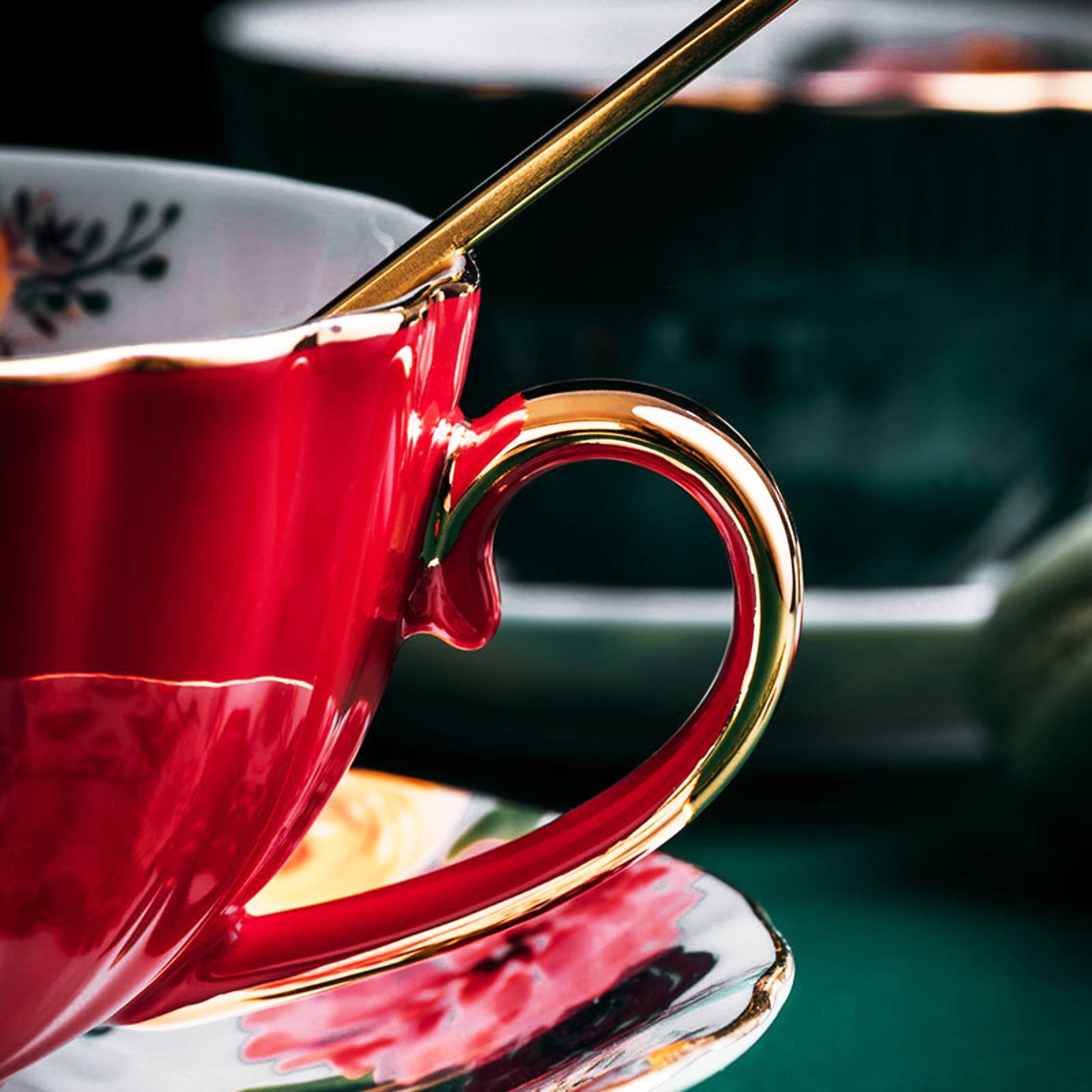 Elegant Floral Tea Cups with Matching Saucers in Vibrant Colors-5