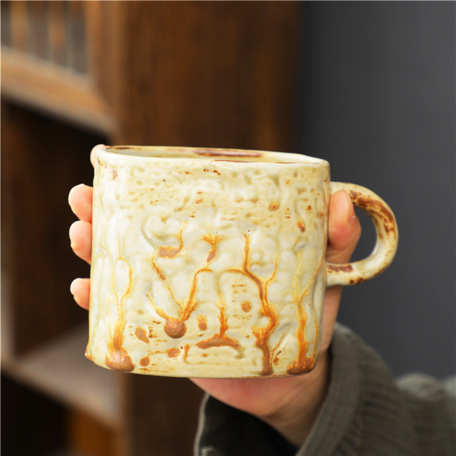 Rustic Ceramic Coffee Mug with Hand-Applied Glaze Design-9