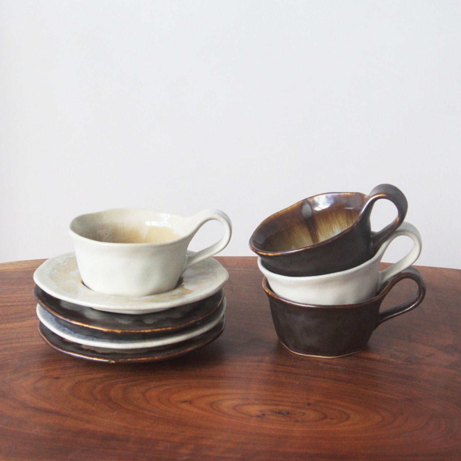 Sophisticated Ceramic Coffee Cups with Unique Glaze Designs and Matching Saucers-6