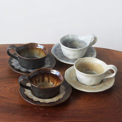 Sophisticated Ceramic Coffee Cups with Unique Glaze Designs and Matching Saucers-2