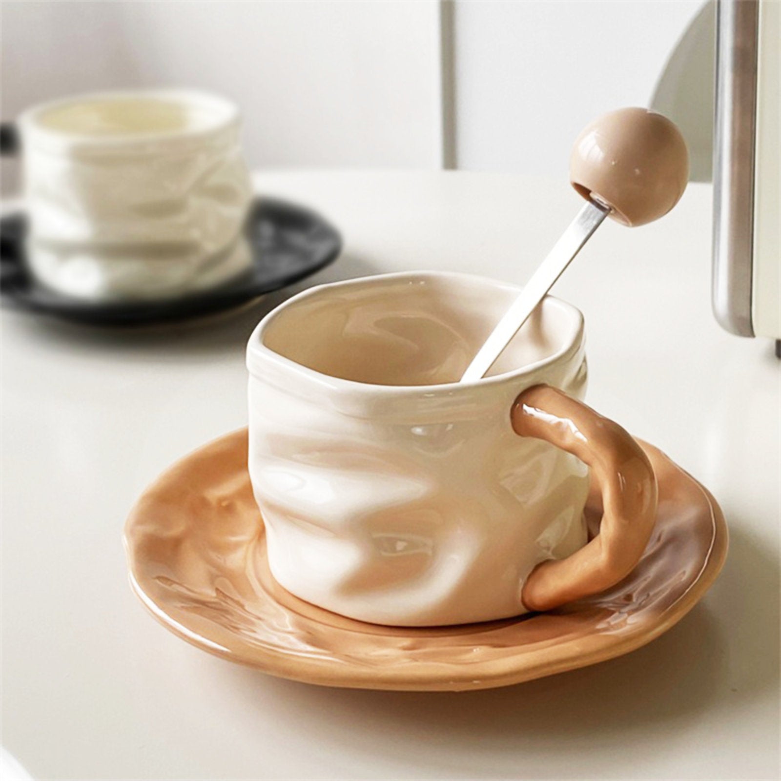 Stylish Espresso Cups with Crumpled Texture and Matching Saucer-3