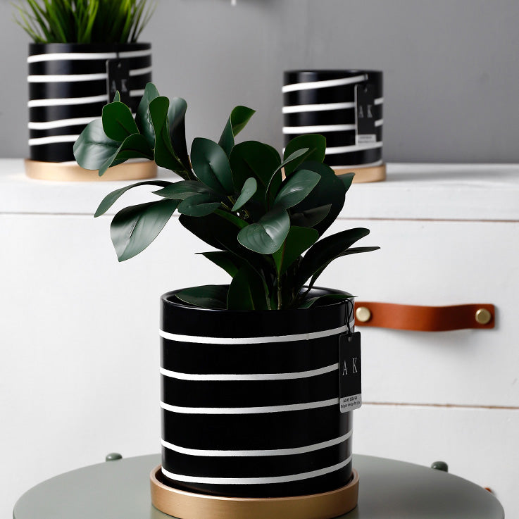 Elegant Black and White Striped Planters Set in 3 Sizes