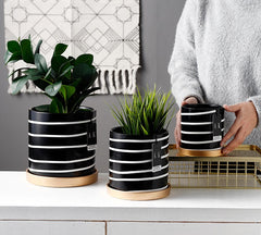 Elegant Black and White Striped Planters Set in 3 Sizes