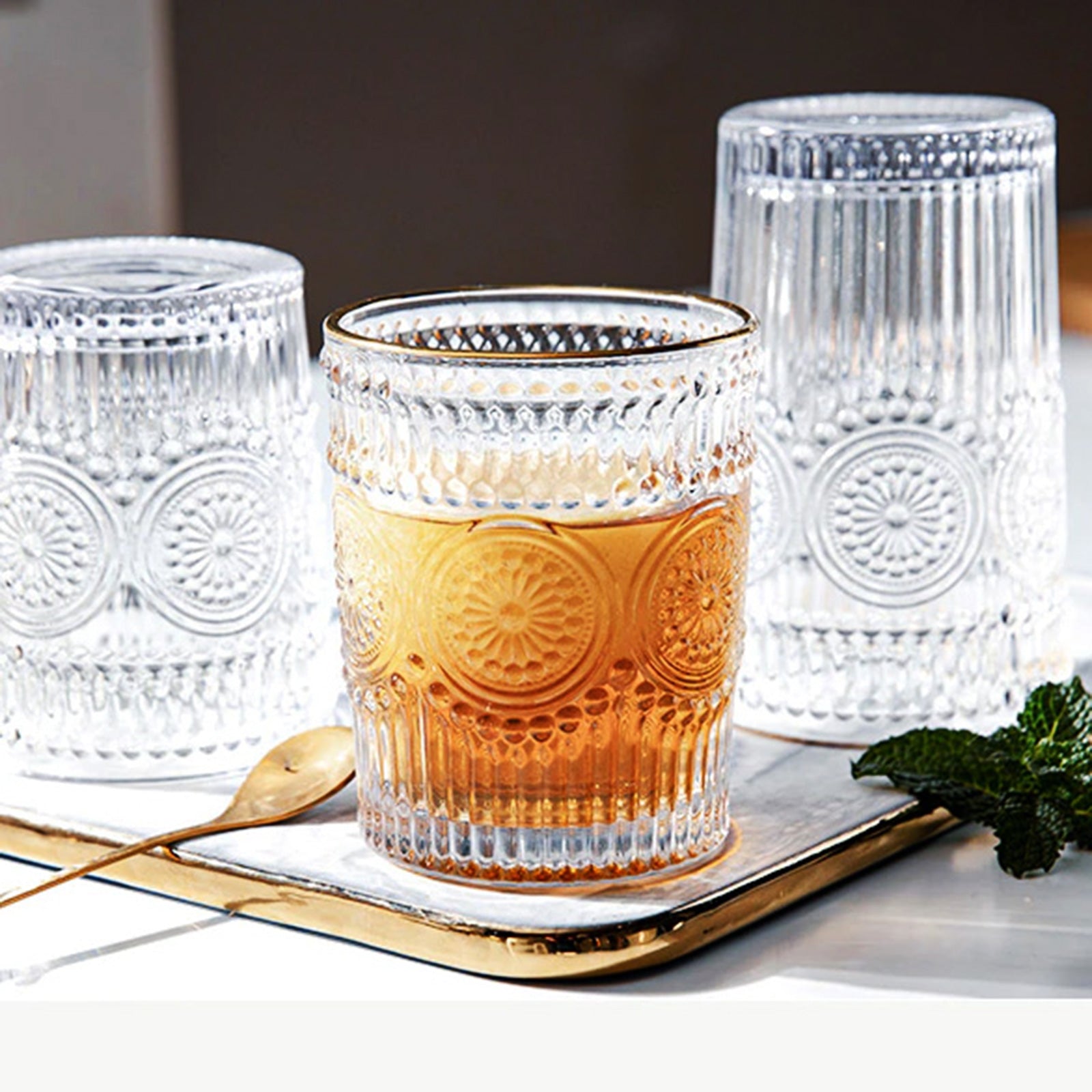 Large Retro Glass Cup With Flower Pattern (4 styles)
