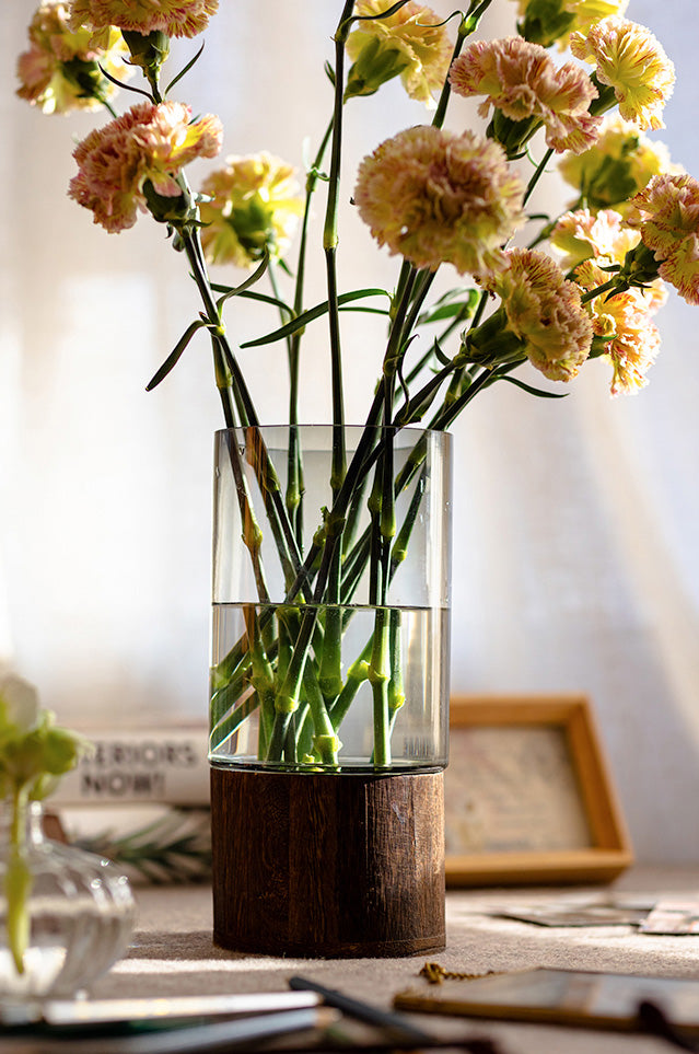 Glass Vases in Tung Wood Holders - Perfect for Any Botanical Style