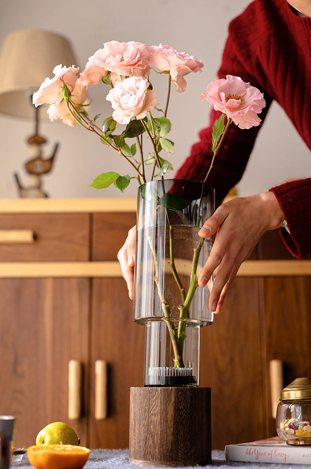 Glass Vases in Tung Wood Holders - Perfect for Any Botanical Style