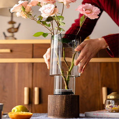 Glass Vases in Tung Wood Holders - Perfect for Any Botanical Style